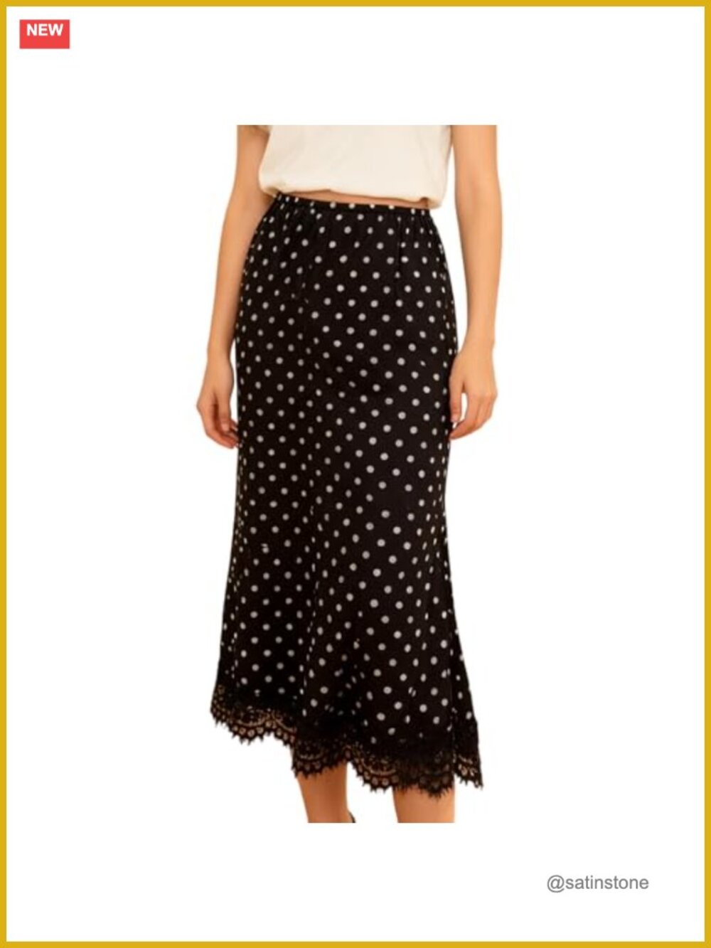 Polka Dot Lace Trim Satin Maxi Skirt A-Line Silk Half Slip Party
